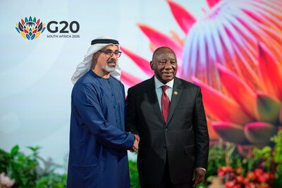 H.H. Sheikh Khaled bin Mohamed bin Zayed Al Nahyan, Crown Prince of Abu Dhabi, with H.E. Cyril Ramaphosa, President of the Republic of South Africa, at the G20. (PRNewsfoto/ADFD)
